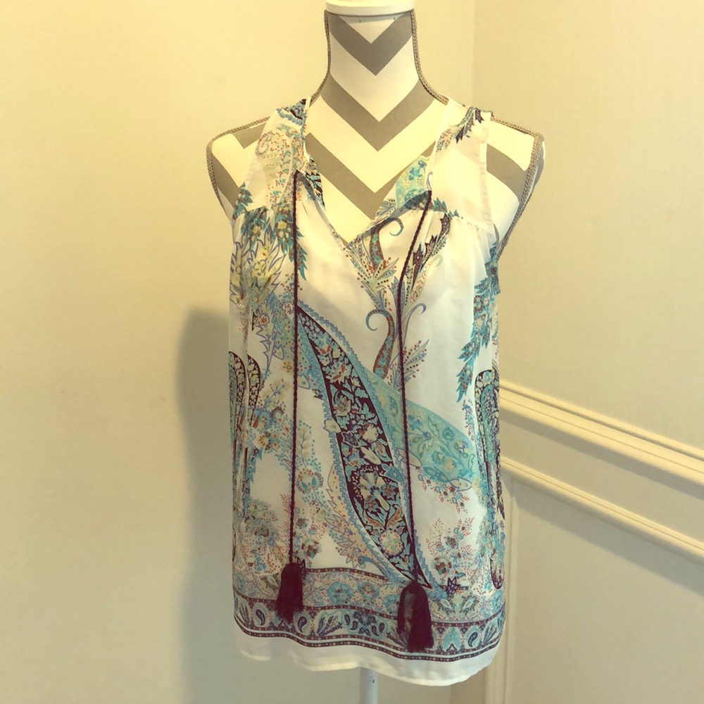 Violet + Claire Women's Tassel Tank Top Multicolor Paisley Flowy V-Neck Size Sm